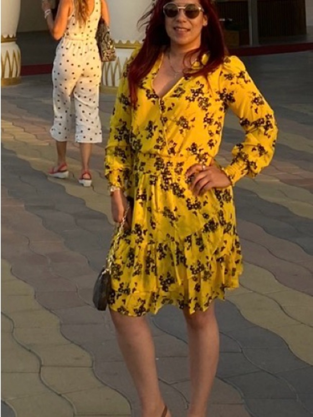 Michael Kors Yellow Floral Long-Sleeve Tiered Dress